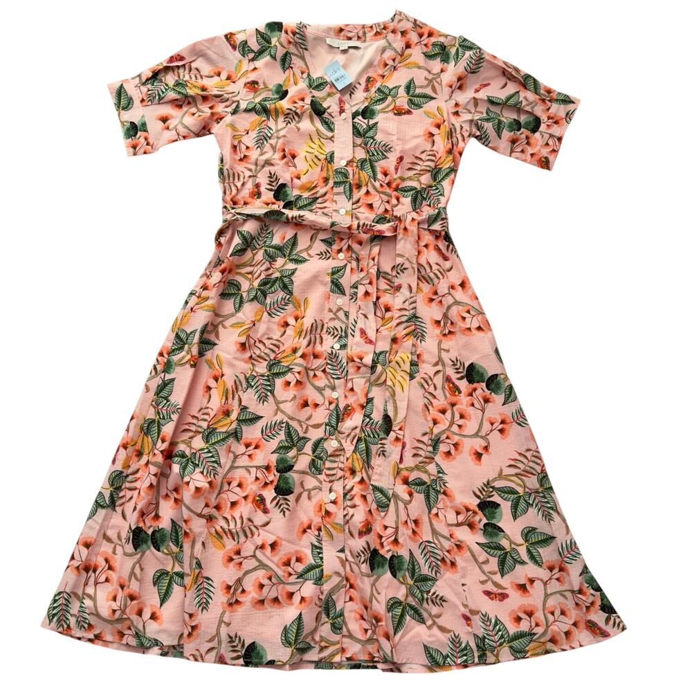 NWT LOFT Floral Button Front Midi Dress Size 8 Petite Pink Tie Waist
